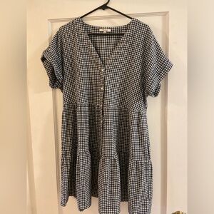 EUC Cuff-Sleeve Button-Front Tiered Mini Dress in Gingham